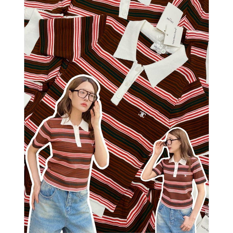 CLN Knit top🍔🍕เสื้อไหมพรมคอปกแขนสั้น ผ้านิตทอลายสลับสี ดีเทลปักอกโลโก้แบรนด์ดัง