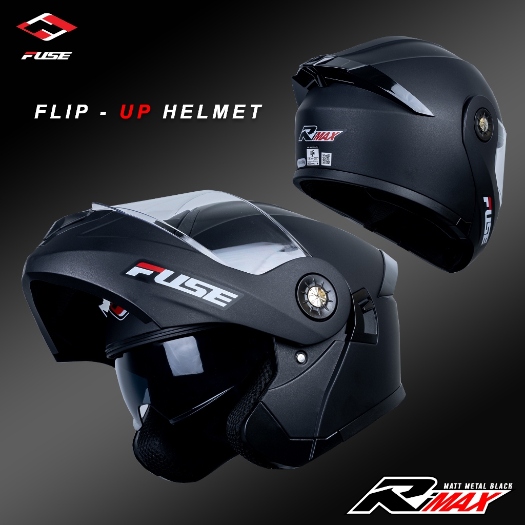 หมวกกันน็อค FUSE RIMAX  หมวกเต็มใบยกคาง มีแว่น2ชั้น สีดำกันแดด เอาขึ้นลงได้ ขนาดฟรีไซส์ ML (57-60 ซม
