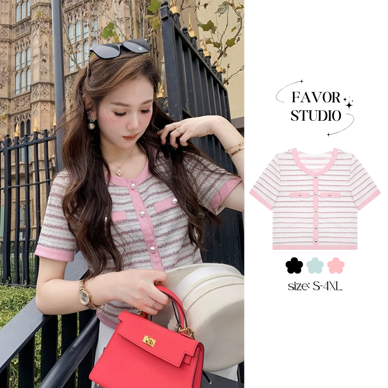 【S-4XL】เสื้อเบลาส์ลายทาง ดีไซน์หรูหรา แต่งกระดุม สไตล์วินเทจ แมทช์ง่าย ใส่ทำงานและลำลอง พลัสไซซ์