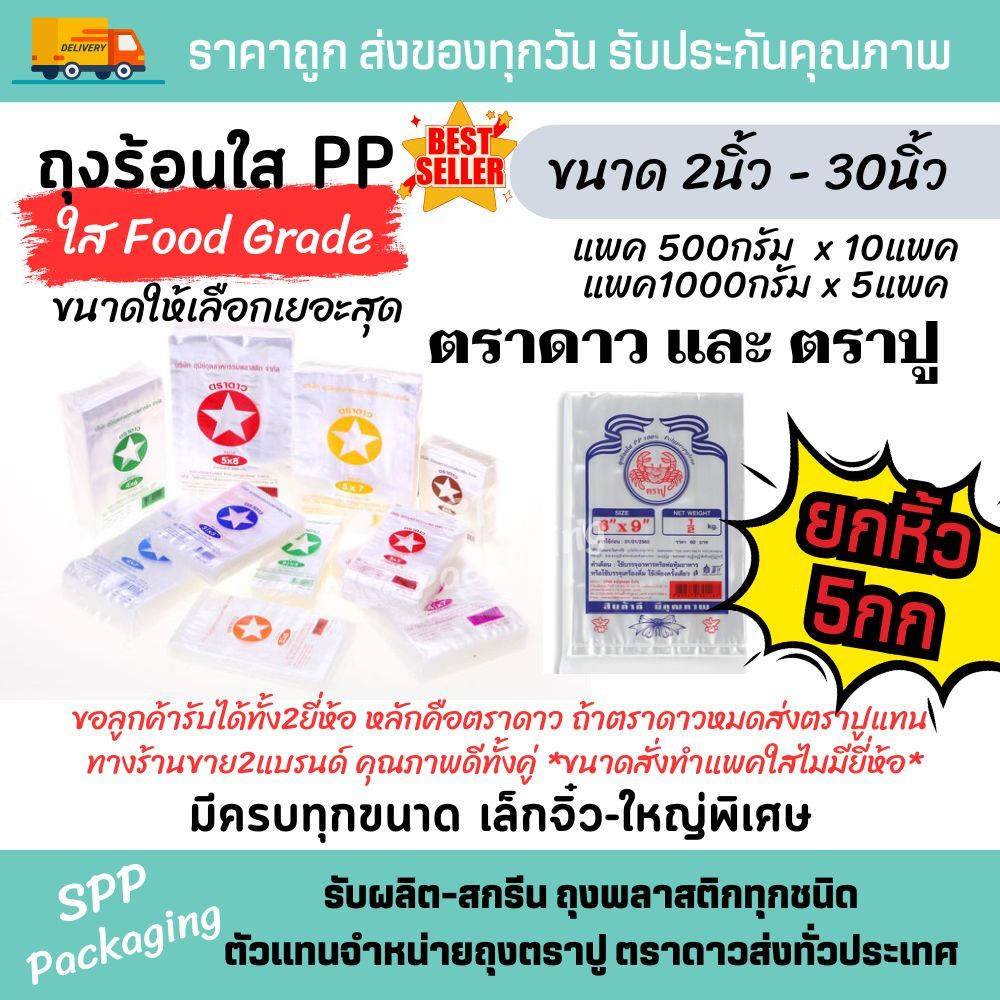 [ยกหิ้ว5กก] ถุงร้อนPP ใส เกรดA ขนาดกว้าง 2นิ้ว -30นิ้ว แพค100กรัม-1000กรัม แล้วแต่ขนาด คละยี่ห้อ