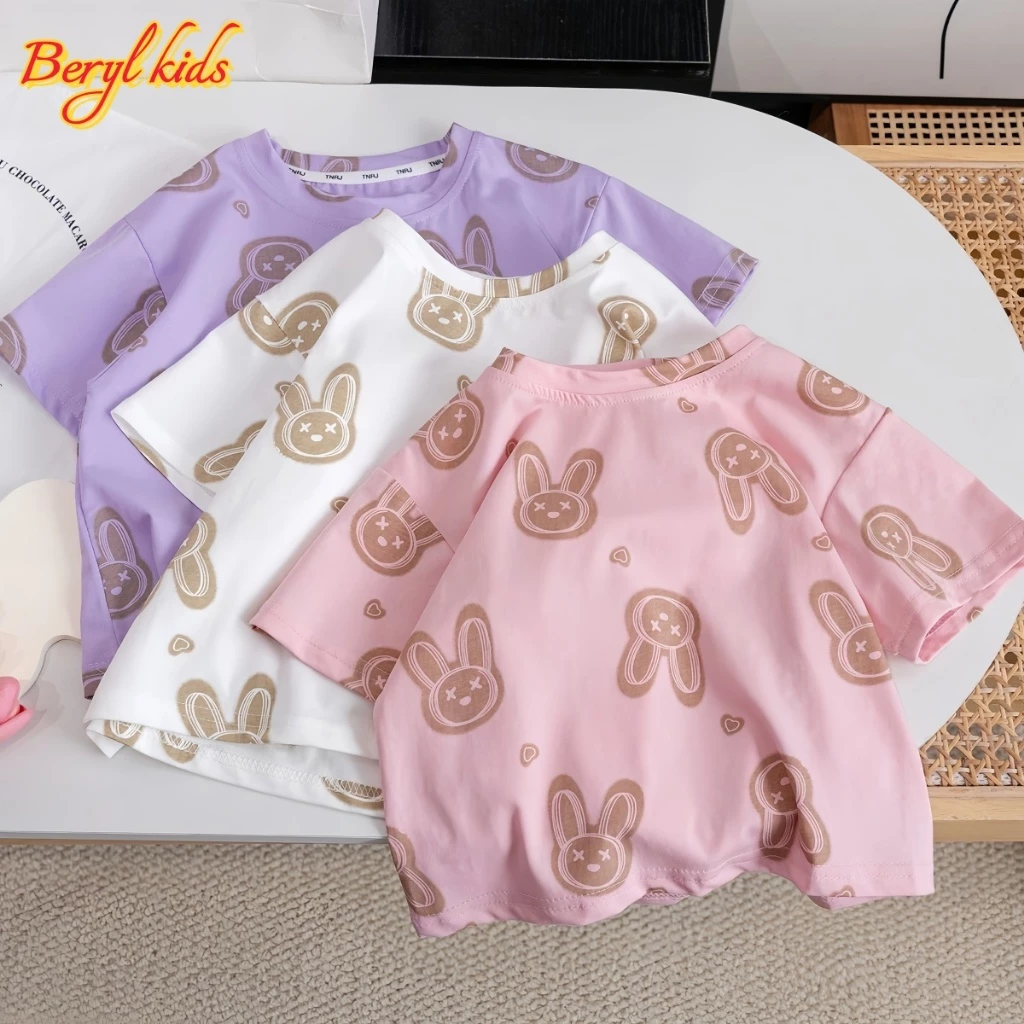Beryl kids🌸แขนสั้นเด็กผู้หญิงฤดูร้อน🎀เสื้อยืดหวานๆพิมพ์การ์ตูนกระต่ายสาวน้อยน่ารัก ลำลองใส่สบาย แฟชั่นฤดูร้อน