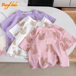 Beryl kids🌸แขนสั้นเด็กผู้หญิงฤดูร้อน🎀เสื้อยืดหวานๆพิมพ์การ์ตูนกระต่ายสาวน้อยน่ารัก ลำลองใส่สบาย แฟชั่นฤดูร้อน