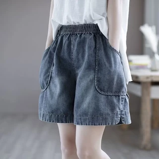 กางเกงยีนส์ขาสั้น S-10XL เอวสูงผ้ายีนส์นิ่ม เอวสม็อคทรงหลวมขากว้าง ดีไซน์แต่งกระเป๋าข้าง