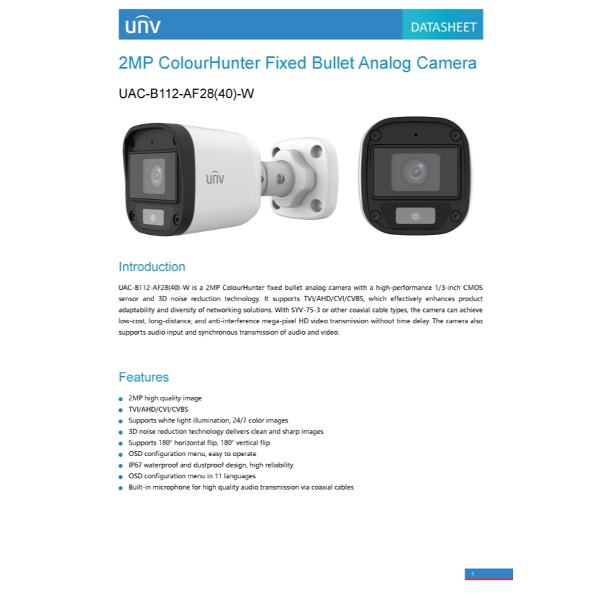 กล้องวงจรปิด UNV รุ่น UAC-B112-AF28-W 2MP ColorHunter Fixed Warm Light Bullet Analog Camera