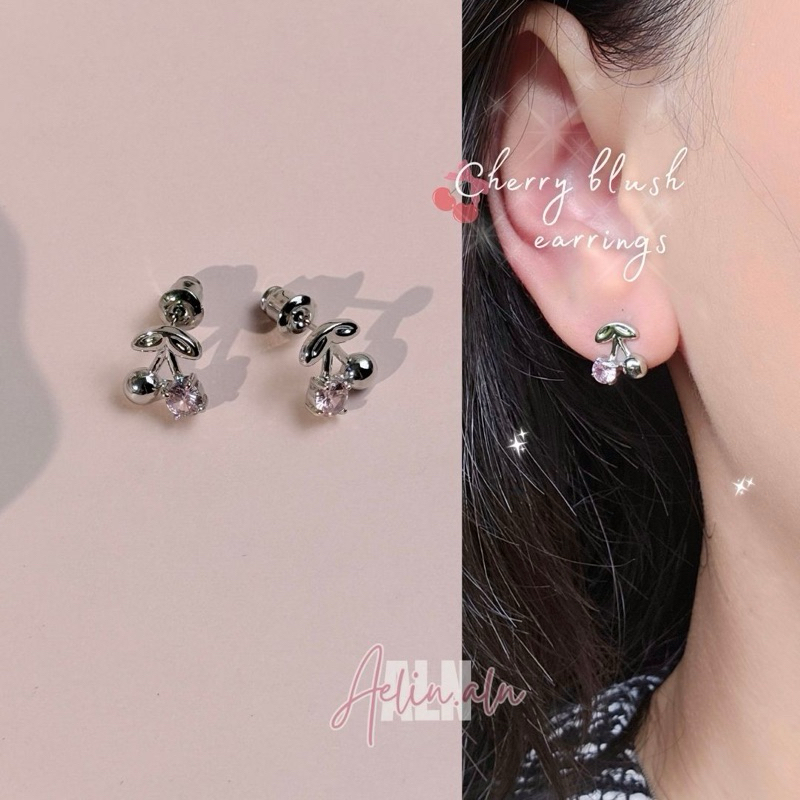 💖 ✨ รุ่น Cherry blush stud earring -Aelin.ALN (ต่างหูเชอร์รี่ บรัช สตั๊ด )cherry earring (Rhodium)​ #SE6-5