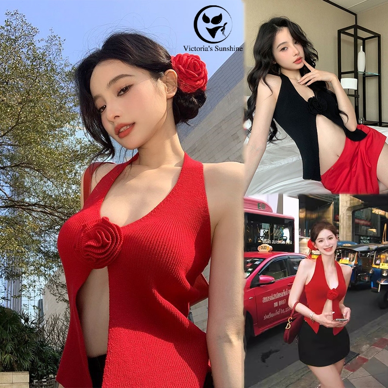 พร้อมส่ง🌹เสื้อเว้ากุหลาบไหมพรม น่ารักเซ็กซี่  เสื้อชั้นในสตรีผูกเชือกถักลายดอกไม้สามมิติ  เหมาะสำหรับฤดูร้อน คอวี#0795
