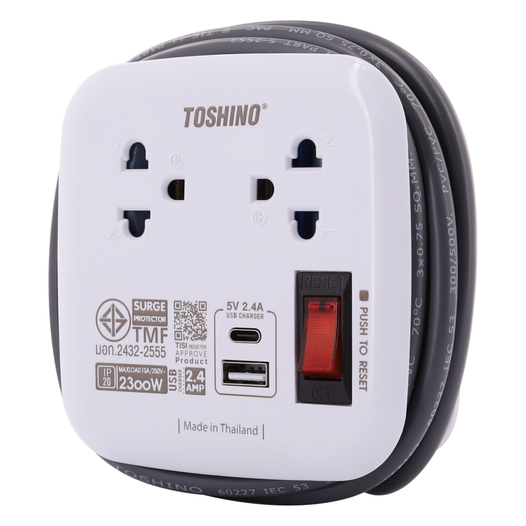 (สินค้าใหม่ 2025) Toshino รุ่น XP-UC1.8M รางปลั๊กไฟ 2 ช่อง 1สวิตซ์ USB 2.4A (2 port) 1xUSB-A+1xUSB-C สายยาว 1.8 เมตร