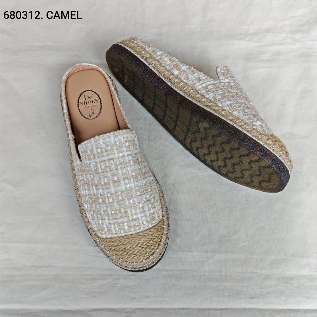 แนะนำ+1ไซด์ รองเท้าแตะเปิดส้นผ้าทวิต de shoes เย็บขอบเชือกปอพื้นด้านล่างเป็นยางซิลิโคนหนาอย่างดีไม่ลื่น เดินสบาย 680312