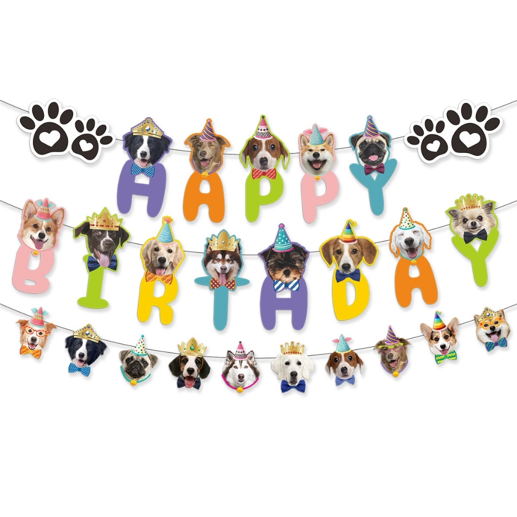 ธงกระดาษวันเกิดแมว ป้ายHappy birthday Cat พร้อมริบบิ้น Cat Birthday Paper Flag