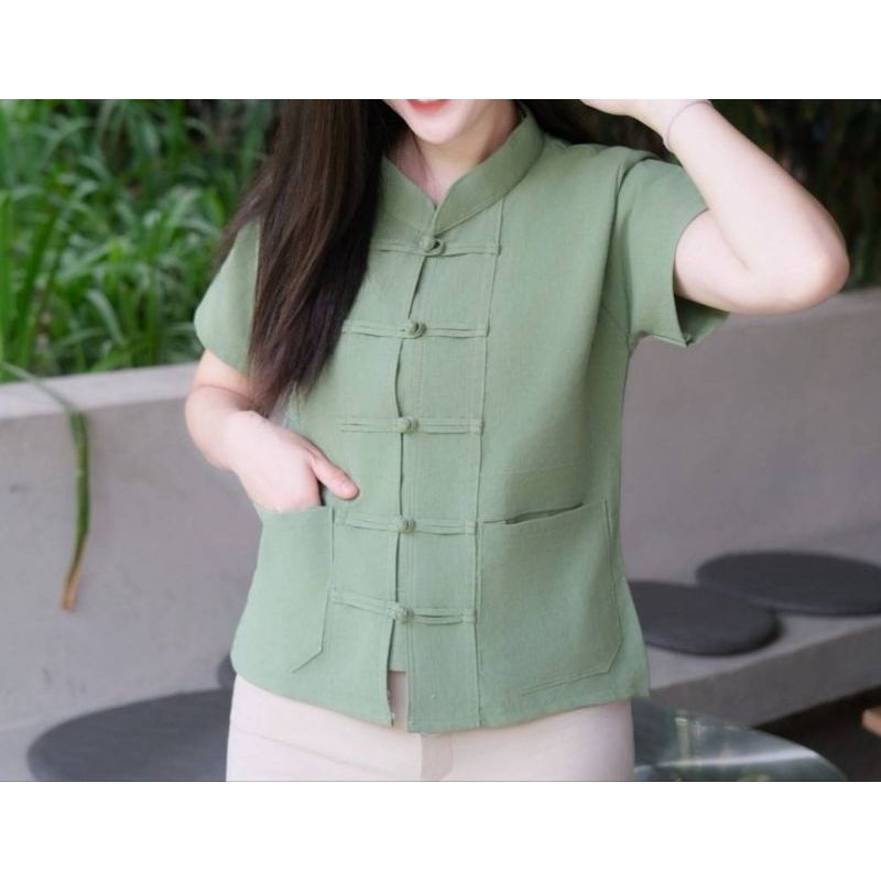 เสื้อผ้าฝ้ายคอจีนกระดุมขอด รุ่นมีกระเป๋า