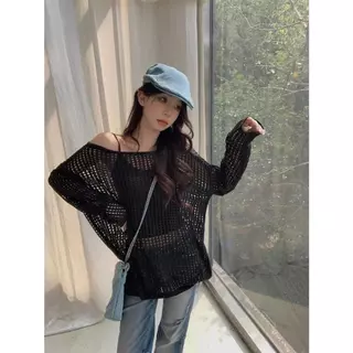 Couture (ส่งจากกรุงเทพฯ)เสื้อถักตาข่าย Summer style/ไตล์ใหม่ขี้เกียจหลวมครอบคลุมเนื้อครีมกันแดดเสื้อรอบคอออกแบบย