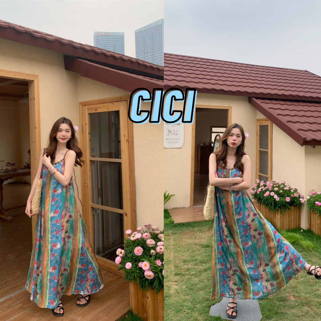 ส่งทันที Cici(NO. CY3353) เดรสยาวสายเดี่ยวพิมพ์ลายดอกไม้พร้อมแต่งคอลูกเล่นมีเชือกหนัง detail แบบโบฮีเมี่ยน