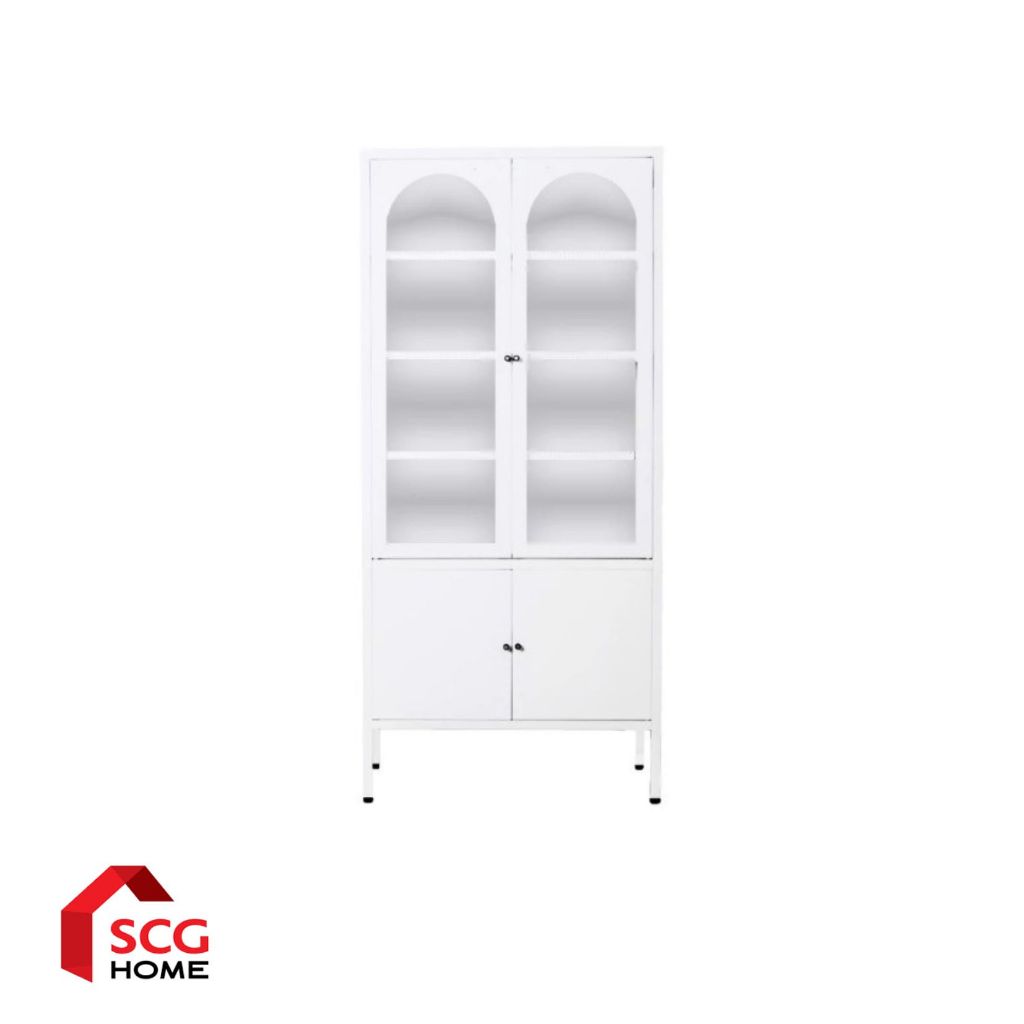 Kiosk Furniture ตู้โชว์ 4 ชั้น รุ่น Sleek ทรงสูง บานเปิด กระจกใสมุมโค้ง 3 ด้าน