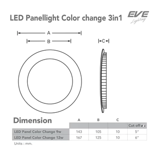 โคมไฟดาวน์ไลท์ แอลอีดี เปลี่ยนสีได้ 3 สี ทรงกลม LED รุ่น 3in1 ขนาด 6 , 9 และ 12 วัตต์