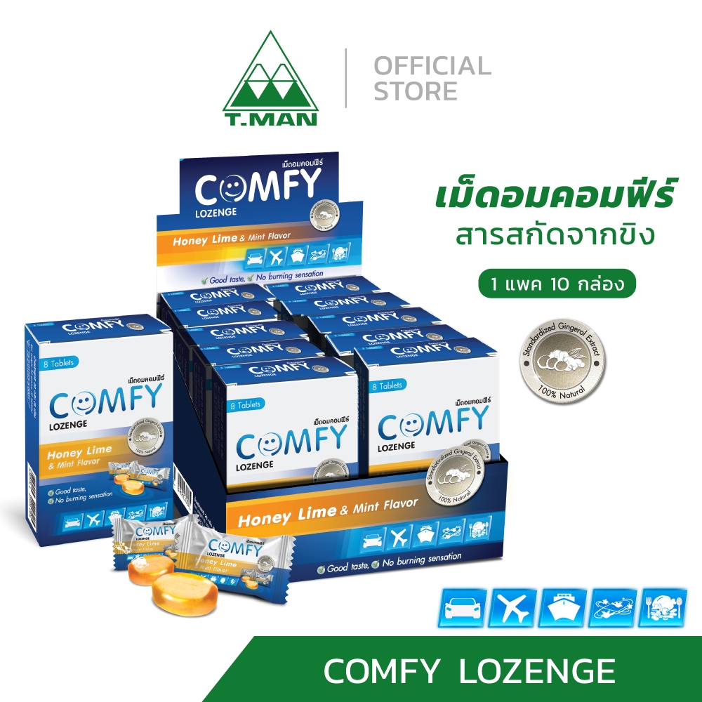 เมารถ เมาเรือ เมาเครื่องบิน คลื่นใส้ เม็ดอมคอมฟีร์ (Comfy) [1 แพค 10 กล่อง] สารสกัดขิงเข้มข้น รส Honey Lime & Mint