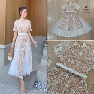 S-XXL ชุดเดรสสีขาว,ชมพู,ครีม ใส่ออกงาน ไปงานแต่ง งานบุญ งานบวช พรีเวดวิ้ง #Abigail
