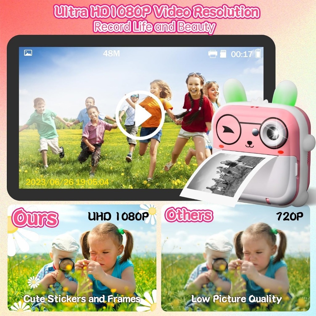 กล ้ องเด ็ กพิมพ ์ ทันทีกล ้ องดิจิตอล 1080P ปริ้นได้ทันที ความจำ Micro SD Card  ของขวัญสําหรับเด็กชายและเด็กหญิง