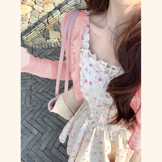 【EVIOVIO】🌷S-4XL ชุดเซตสองชิ้น เสื้อคลุม + มินิเดรสสายเดี่ยว ลายดอกไม้ สีพาสเทลน่ารัก หวานสไตล์เกาหลี