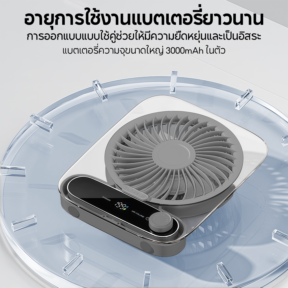 SANSONIC พัดลมตั้งโต๊ะ พัดลมไร้สาย 199 ระดับ พัดลมพกพา Type-C 3000mAh จอ LED เสียงต่ำ ปรับมุม 180° แขวนได้ พับได้