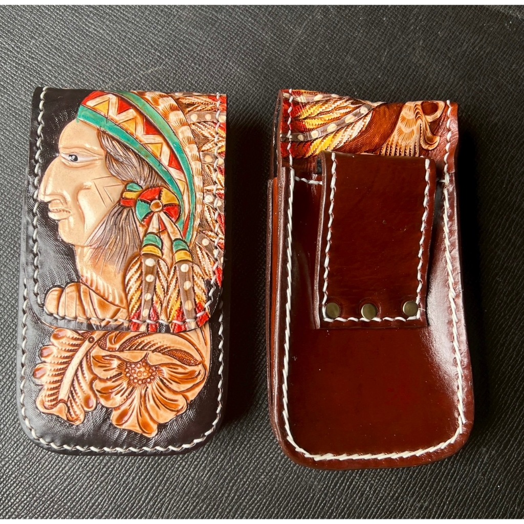 กระเป๋าใส่มือถือ ใส่โทรศัพท์ แนวตั้ง หนังแท้ตอกลาย งานฝีมือHandmade