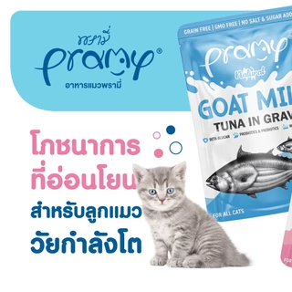 ( 12 ซอง )Pramy Goat Milk in Gravy อาหารเปียกแมวผสมนมแพะในน้ำเกรวี ไม่เติมเกลือ ขนาด 60 กรัม(12 ซอง)