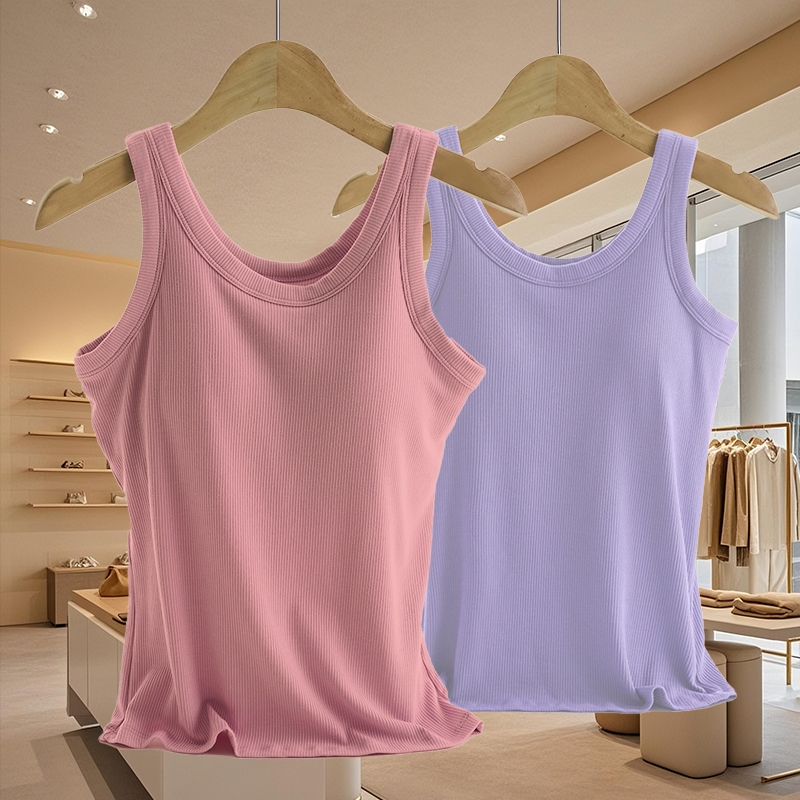 เสื้อกั๊กสีทึบสำหรับผู้หญิง เสื้อกล้ามรัดรูป แขนกุด เข้ารูป มีบราในตัว เสื้อแขนกุด สีพื้น คนอวบ ฟองน้ำในตัว ใส่สบาย ผ้าเ