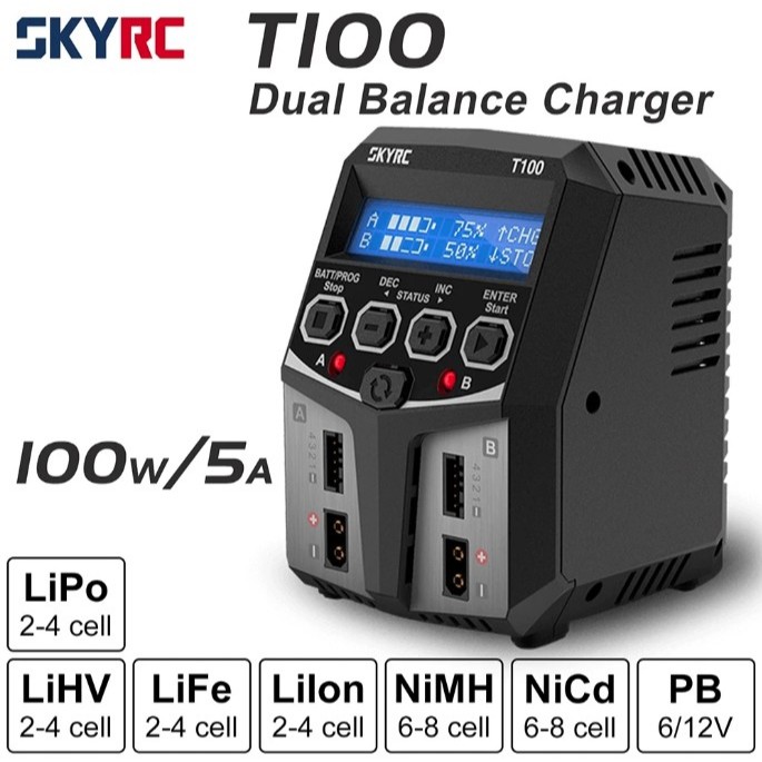 แท้/มีประกัน SkyRC T100 5A 2X50W AC Dual Battery Charger เครื่องชาร์จถ่าน เครื่องชาร์จแบตเตอรี่ LiPo / LiFe / LiIon