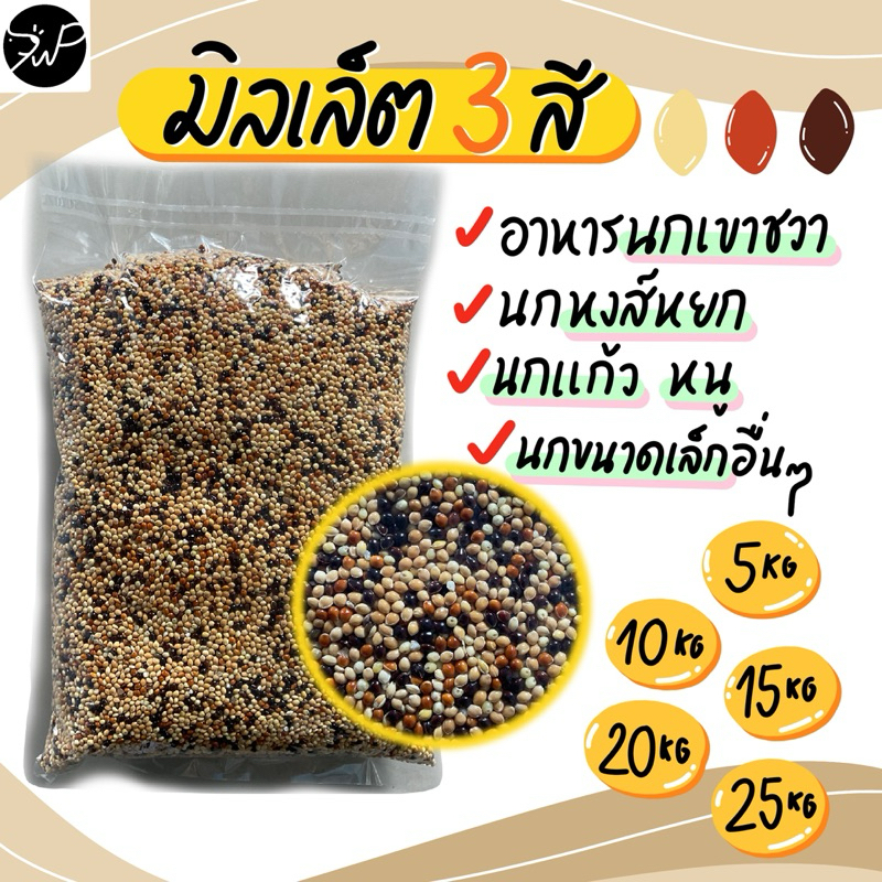 (5กก./10กก./15กก./20กก./25กก.) มิลเล็ต 3 สี อาหารนกเขาชวา เขาเล็ก นกแก้ว นกหงส์หยก นกเลิฟเบิร์ด นกกินธัญพืชขนาดเล็กอื่นๆ