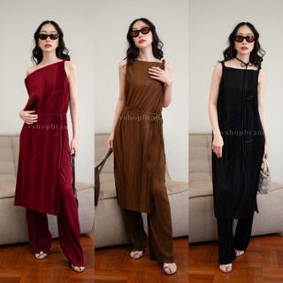 พร้อมส่ง 5759-2 Set เดรสแขนกุดสายบิดอัดพลีท+กก.ขายาว งานป้าย…