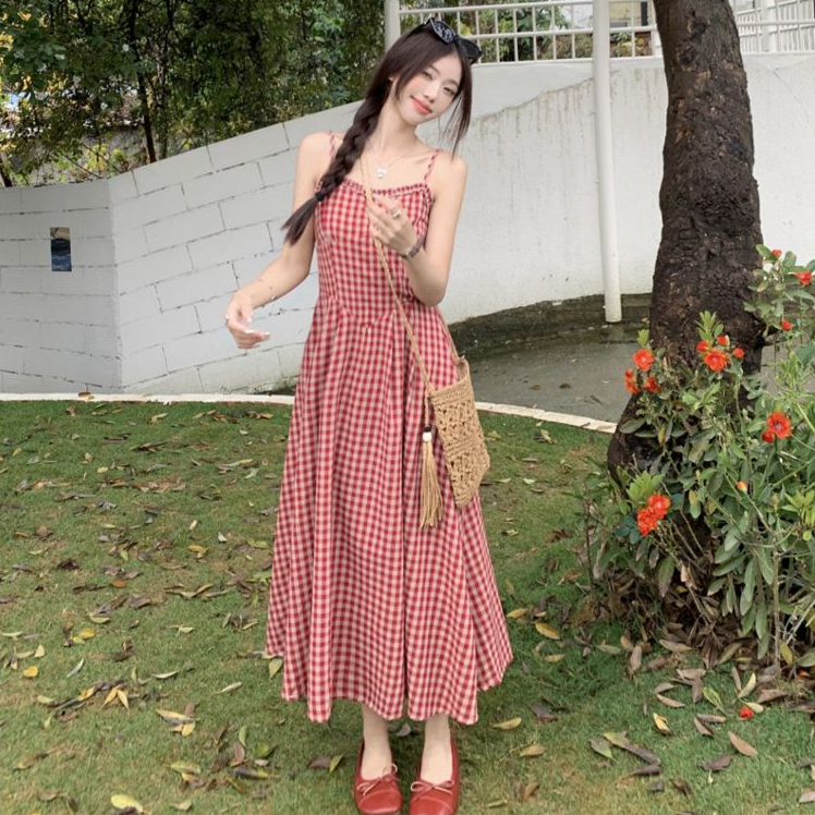 cherryshop พร้อมส่ง ชุดเดรสสายเดี่ยวลายสก็อตสีแดงแฟชั่นฤดูร้อนสำหรับผู้หญิง สไตล์เอไลน์ สไตล์ย้อนยุคฝรั่งเศส การลดอายุ - รูปที่ 3