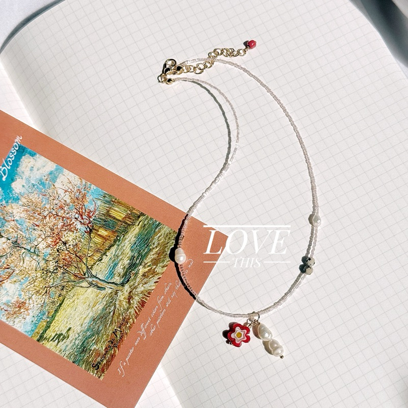 สร้อยคอ handmade มินิมอล ลูกปัดญี่ปุ่นปล้องจิ๋ว เส้นเล็ก น่ารักมาก แต่งด้วยหิน จี้ลูกปัดแก้ว มุกแท้