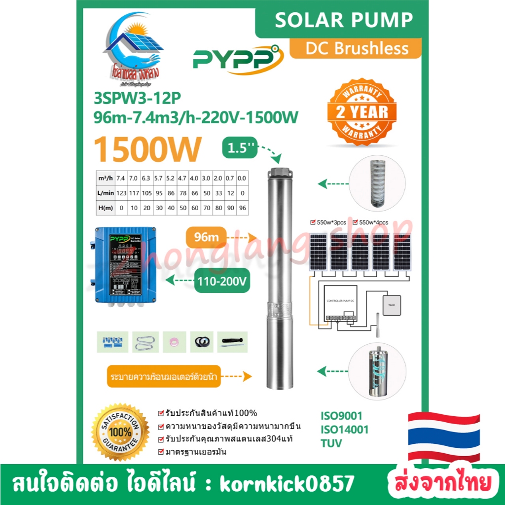 ปั๊มซับเมอร์สโซลาร์เซลล์ PYPP รุ่น DC 3SPW3-12P (96m-7.4m3/h-220Voc-1500w) บ่อ 3-4 นิ้ว ลงลึก 96 เมต