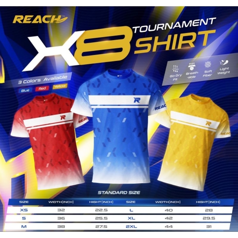 ซื้อ 2 แถม 1 เสื้อกีฬา Tournament Shirt รุ่น X8   มี 3 สี  ให้เลือก ได้แก่ น้ำเงิน แดง เหลือง 399 มีแขน