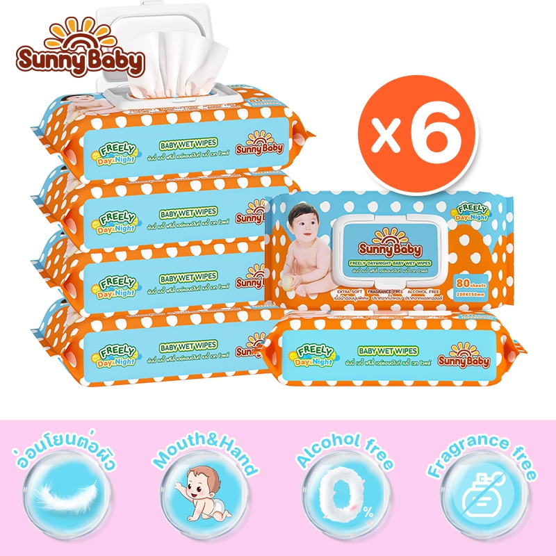 [Low Price 6ห่อ ] Sunny Baby Wipes ทิชชู่เปียกสูตรน้ำบริสุทธิ์  ซันนี่ เบบี้ ฟรีลี่ เดย์แอนด์ไนท์ เบ