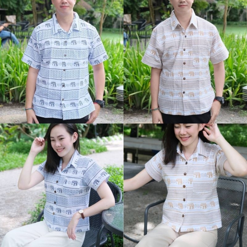 [พร้อมส่ง]เสื้อคอปกฮาวายพิมพ์ลายช้าง ผ้าฝ้ายร้อยเส้น อก 36-42“ ผู้หญิง Women