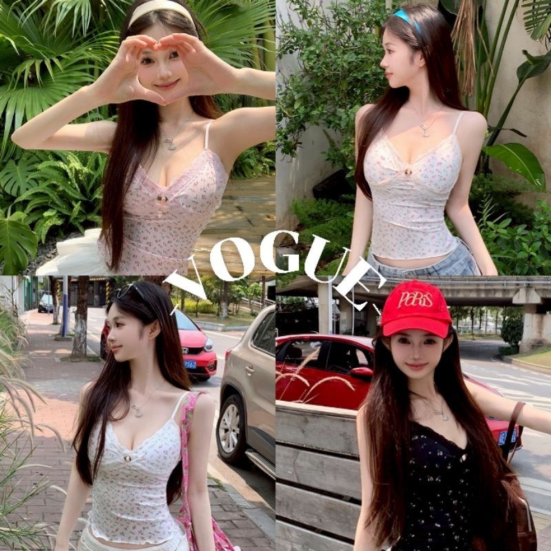 Vogue🌟พร้อมส่ง🌟 เสื้อสายเดี่ยว สีพาสเทล ลายดอกไม้ มีฟองน้ำ (FY6963)