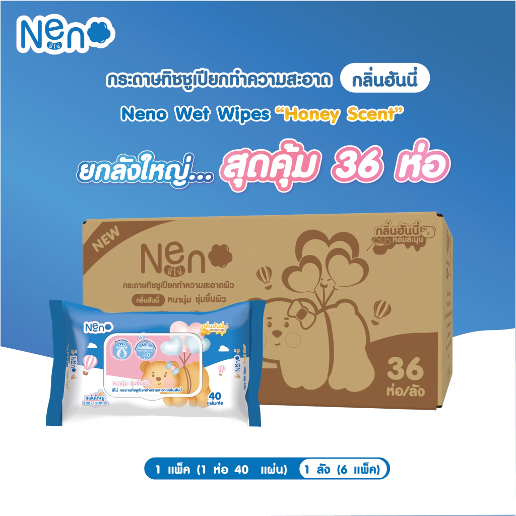 Neno ทิชชูเปียก [ 6 แพ็ค 36 ห่อ ] ผ้าเช็ดทำความสะอาดสูตรน้ำบริสุทธิ์กลิ่นฮันนี่ 1 ห่อ 40 แผ่น