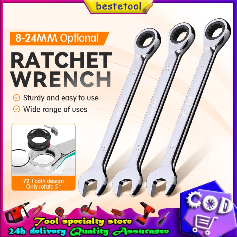 8มม.-19 มม.ประแจแรงบิดประแจเครื่องมือซ่อม Double-Ended One-Way Ratchet ประแจแหวนข้างปากตาย แข็งแรง ทนทาน ประแจ