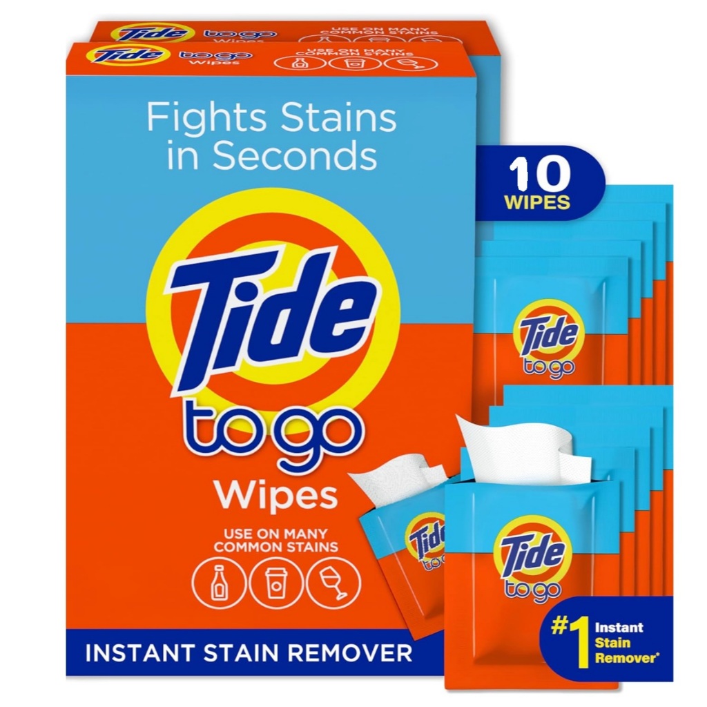 Tide Stain Remover for Clothes, Tide To Go Wipes, Instant Stain Remover for Clothes, Travel & Pocket Size, 10 Count