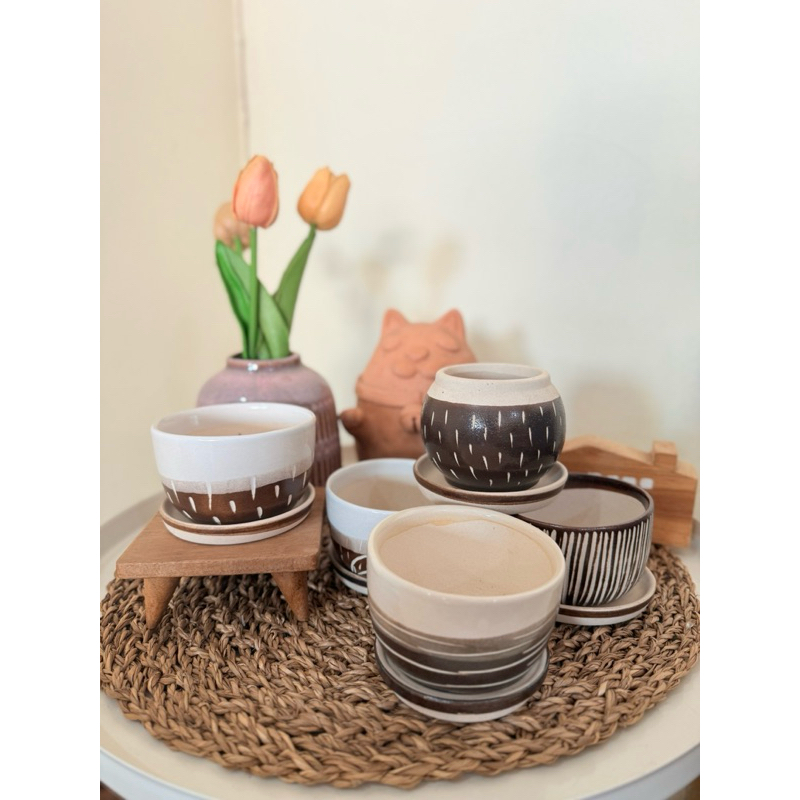 กระถางเซรามิกลายทำมือ กว้าง3.5นิ้ว สูง2.5นิ้ว พร้อมส่ง🌈🌵 - รูปที่ 3