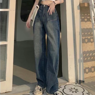 (1722)NEWSIZE/S-12XLกางเกงยีนส์ขายาวเอวสูงทรงกระบอกคลาสสิกดีไซน์เก๋ๆแต่งด้วยกระเป๋าหน้าสองข้างใส่ได้ทั้งหญิงและชาย