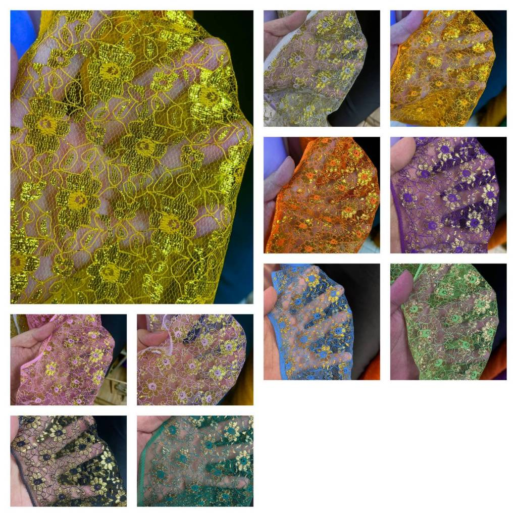 ผ้าลูกไม้ดิ้นเงิน ดิ้นทอง ลูกไม้โปร่ง ลายดอกมะลิ หน้ากว้าง 45นิ้ว( 110cm)