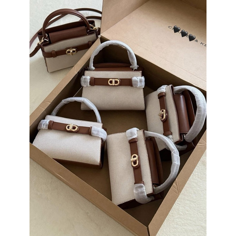 Charles & Keith Aubrielle Canvas Two-Tone Top Handle Bag - Taupe Canvas