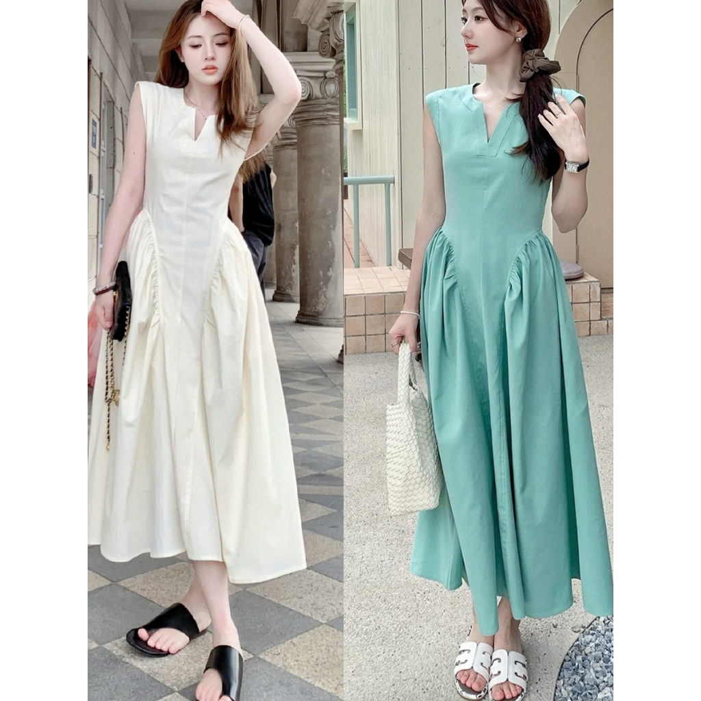 เดรสออกงาน  ชุดสวย เดรสแฟชั่น ชุดเดรสยาว  เดรสคอกลม  เดรสแขนกุด ชุดเดรสผู้หญิง แต่งจีบย่น สีพื้น สไตล์ลำลอง