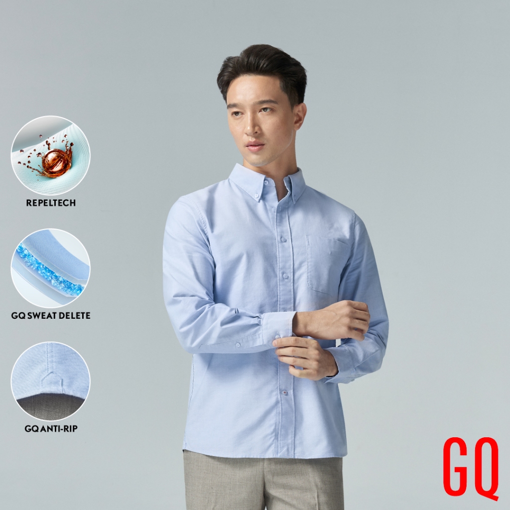 GQ Perfect Oxford™ Shirt​ เสื้อเชิ้ตบุรุษ จีคิว ออกฟอร์ดแขนยาว สีฟ้า