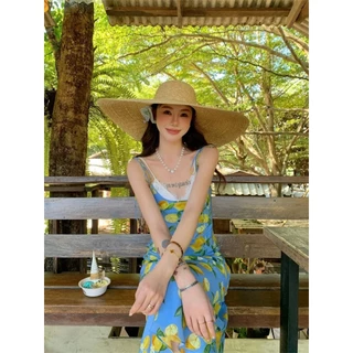 Cicishop(Y6266) เดรสยาวผูกสาย ดีเทลพิมพ์ลายเลมอน มีซิปข้าง สไตล์สาวน่ารักแบ๊วๆ