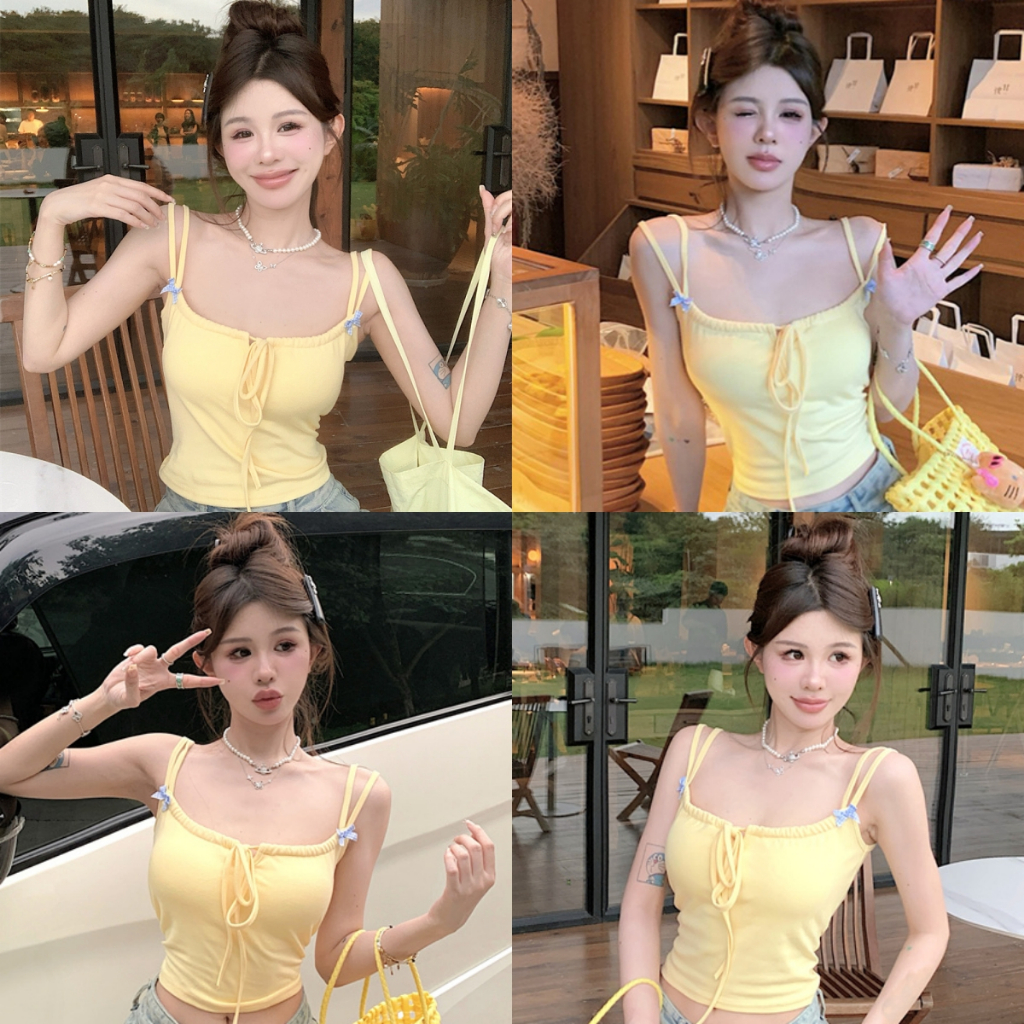 🍒EElla🍒เสื้อสายเดี่ยว มีฟองน้ำ ผูกโบว์ สีพาสเทล เข้ารูป ผ้านุ่ม เสื้อแขนกุด ใส่สบาย น่ารักๆ เรียบหรู🐾#FY6809-J