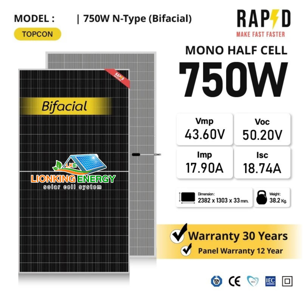 ⚡ส่งฟรี⚡RAPD แผงโซล่าเซลล์ 750W Mono Half cell (N-Type) (มีรับประกัน) แผงโมโนฮาฟเซลล์ 750 วัตต์