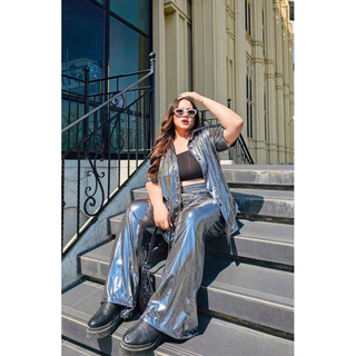 (ส่งด่วน) Metallic Set ชุดเซตเมทัลลิค เสื้อเชิ้ต+ กางเกงกระบอกใหญ่ อก 38-60"