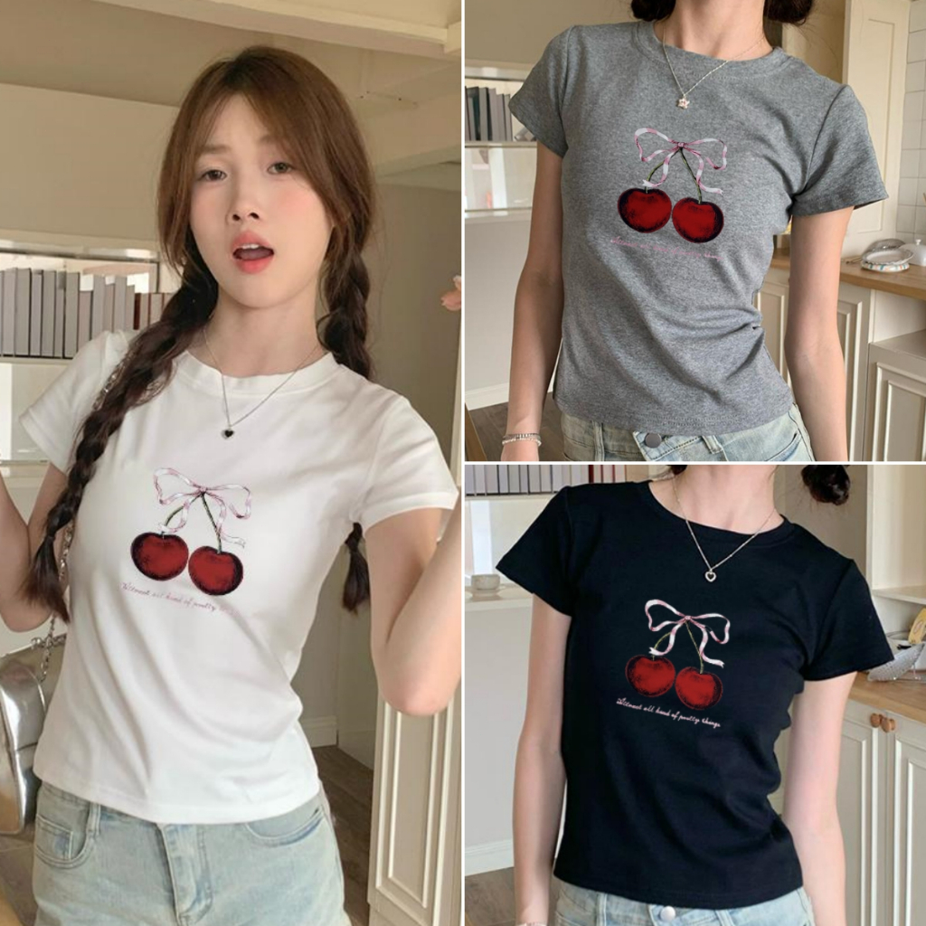 cherryshop🍒พร้อมส่ง เสื้อยืดคอกลม เสื้อยืดผู้หญิง ลายเชอร์รี่ เรโทร ลําลอง เข้ารูปใส่แล้วดูผอม ฤดูร้อน